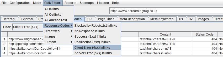 bulk export broken links