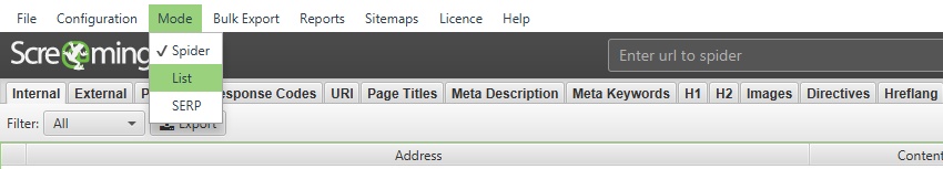 screaming frog list mode