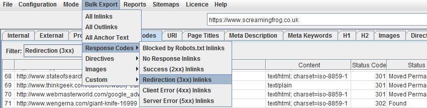 bulk export redirects