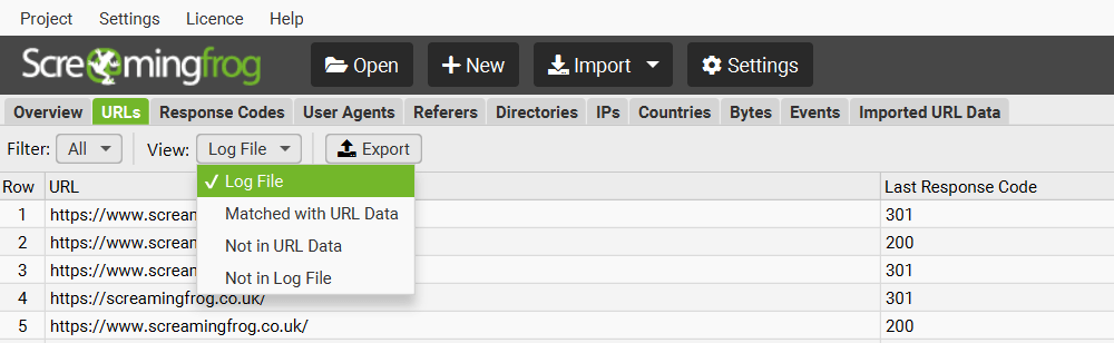 View Data Options for Imported URL Data