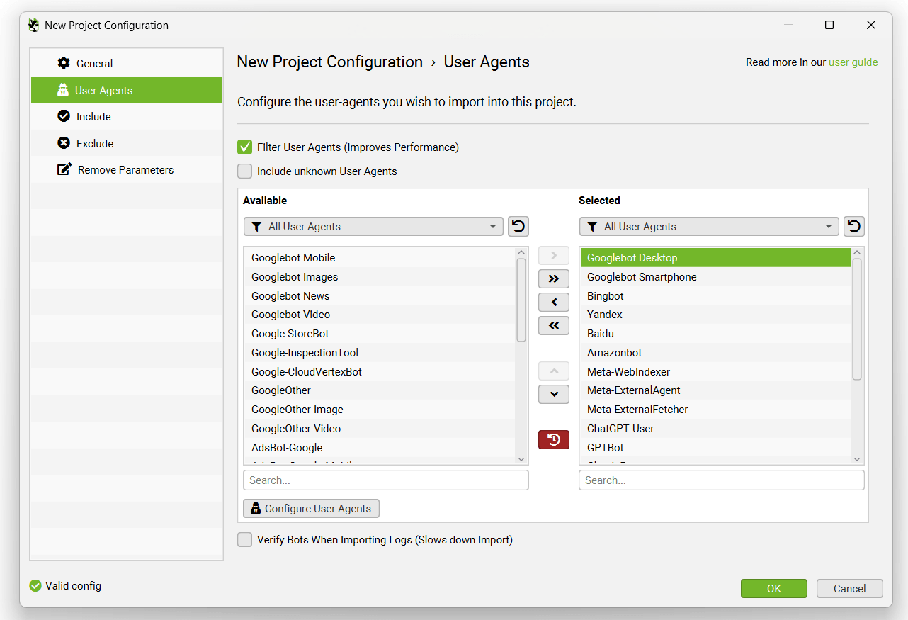 Log File Analyser user-agents