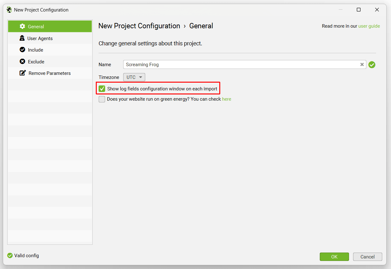 Show log file fields config