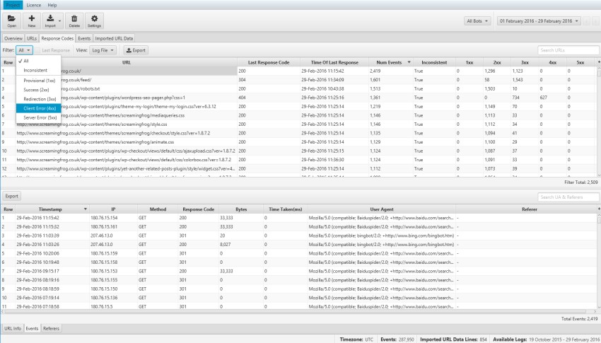 response codes from server logs