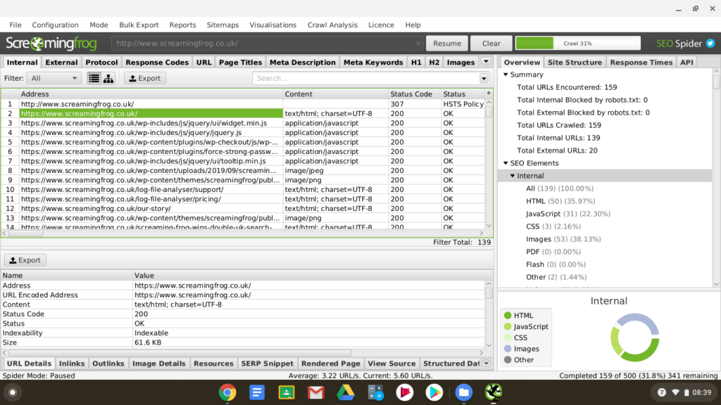 Screenshot of the SEO Spider running on Chrome OS