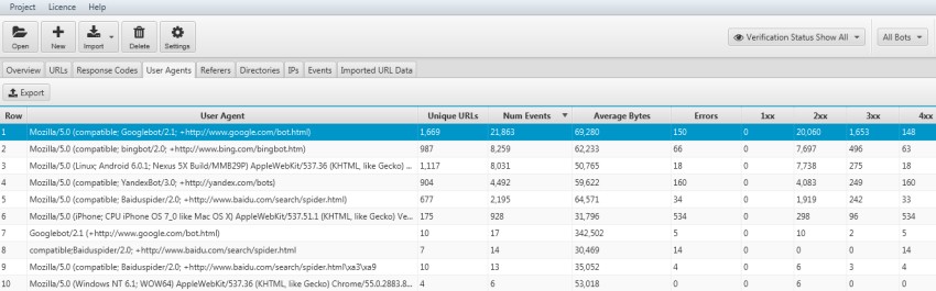 Log File Analyser User-Agents tab