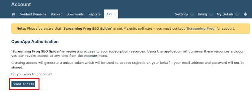 Majestic API grant access