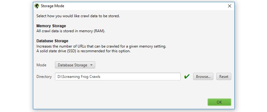 database storage mode with an external SSD