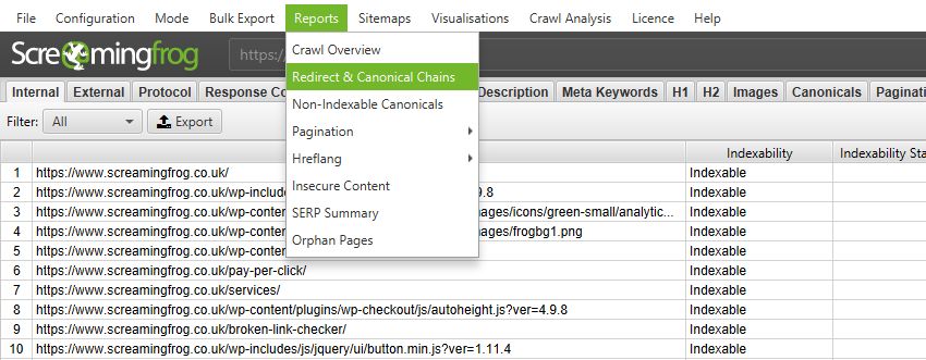 redirect & canonical chains report