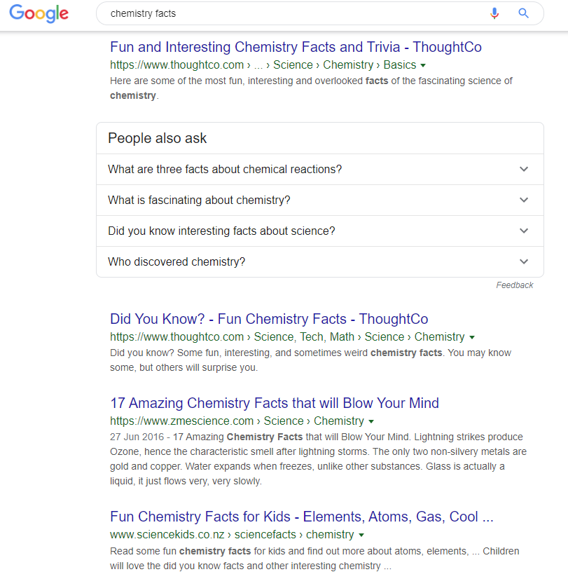 SERP for chemistry facts