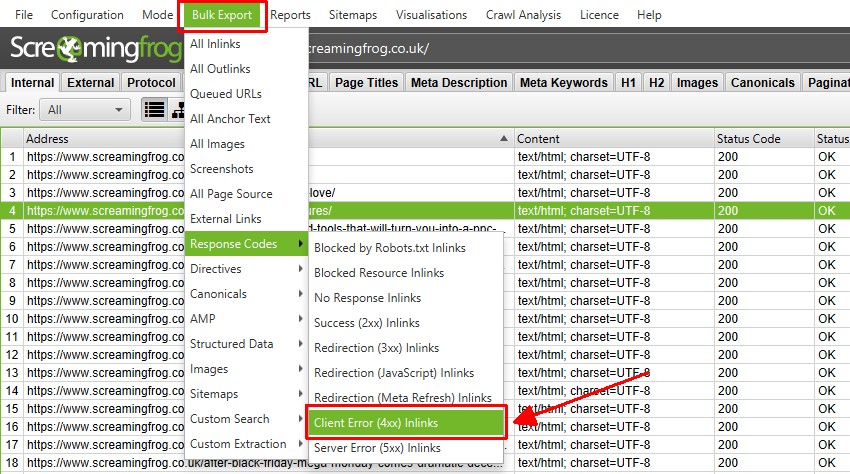 Bulk Export 4XX Inlinks