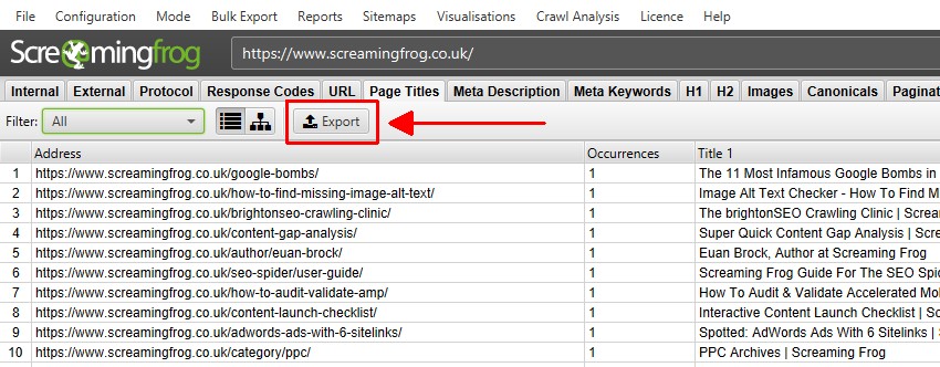 Export tabs & filters