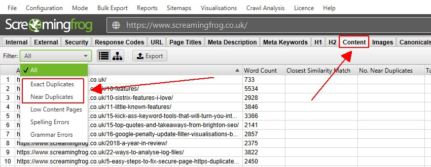 Content Tab & Duplicate Content Filters