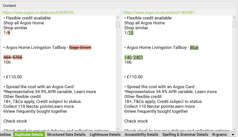 Duplicate Details tab near content differences