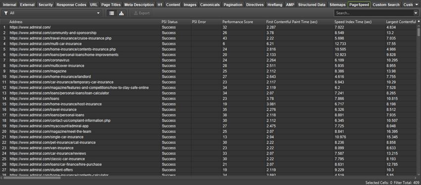 SEO Spider PageSpeed results