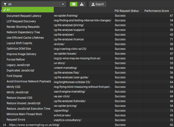 PageSpeed Tab Filters