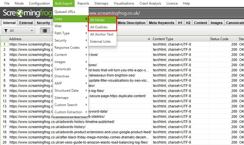 Bulk Export All Inlinks Link Position