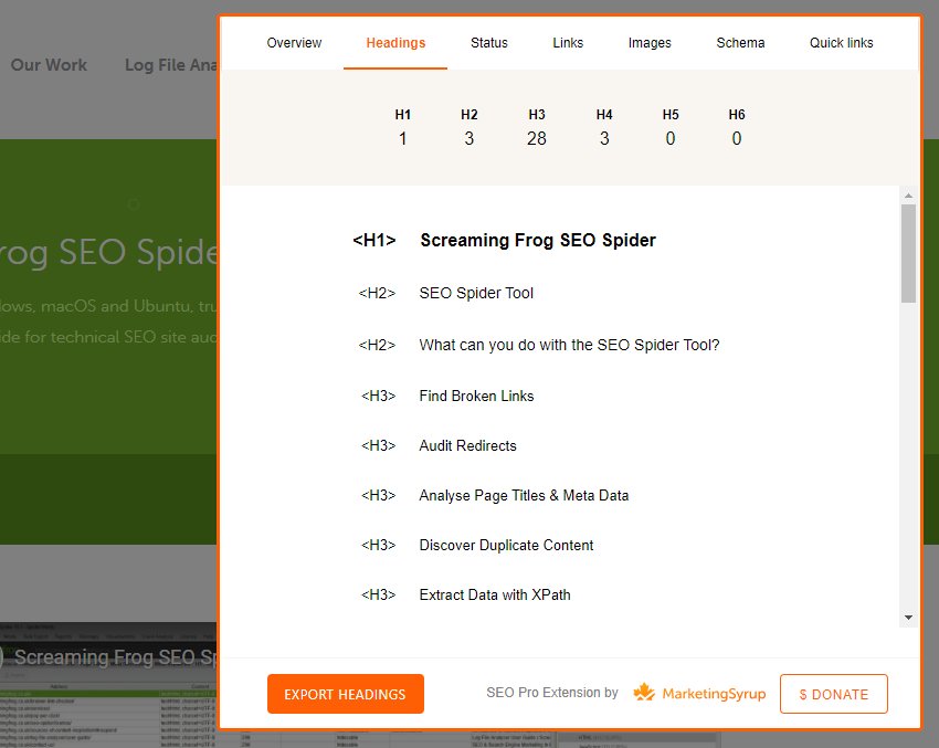 Headings in a Chrome SEO plugin