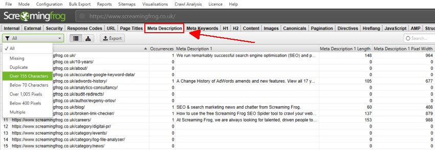 Meta Descriptions in the SEO Spider