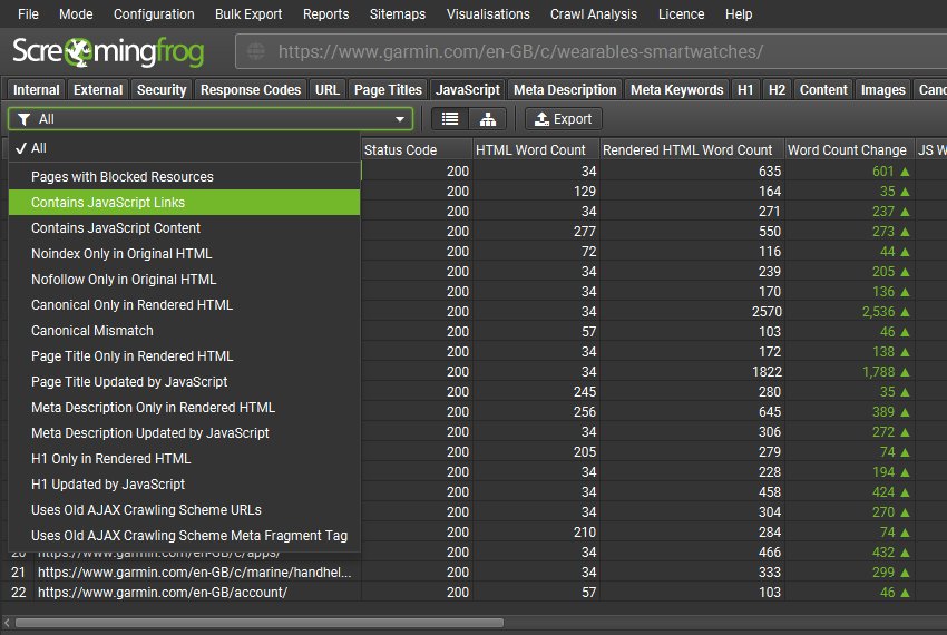 JavaScript rendering mode, tab and filters