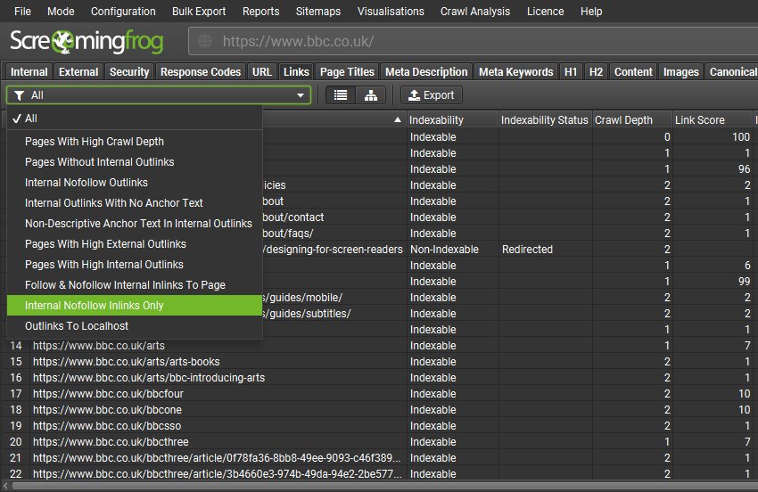 screaming frog 17 sezione links tab