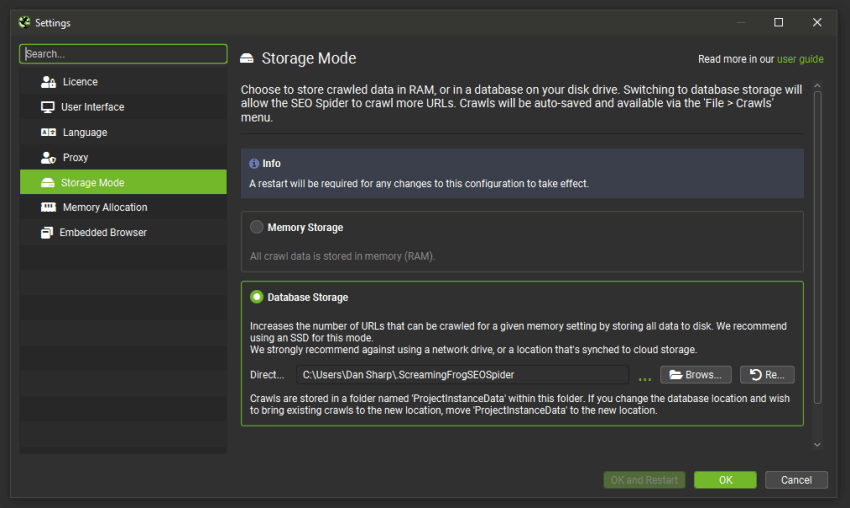 Database Storage Mode