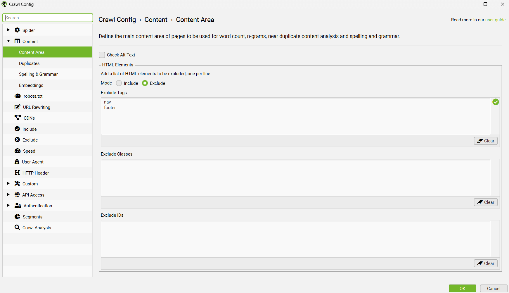 Content Area Settings