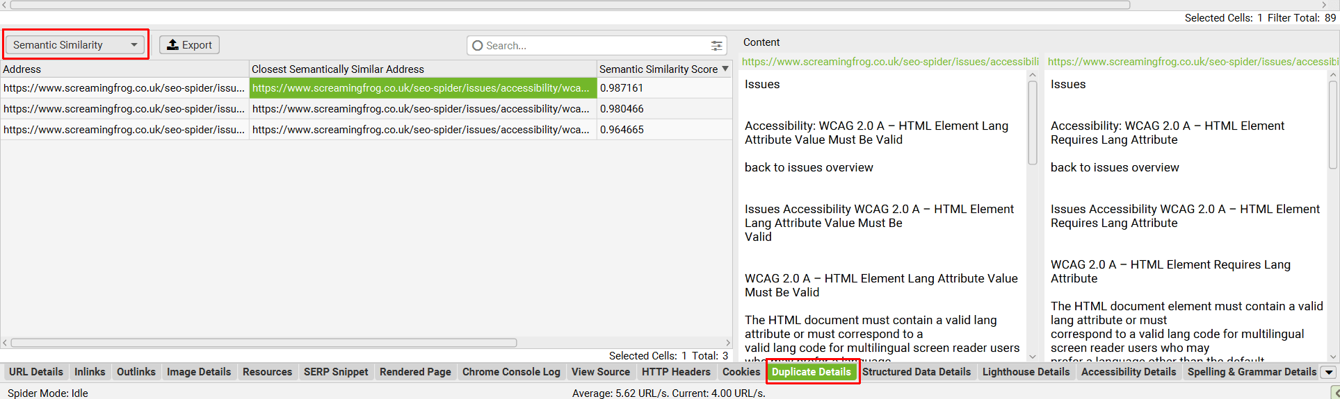 Semantic Similarity in the lower Duplicate Details tab