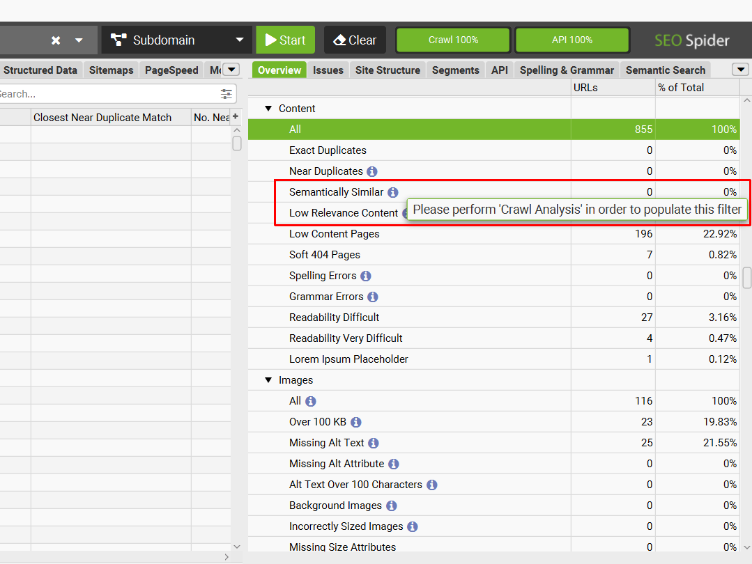 Filters that require crawl analysis to populate