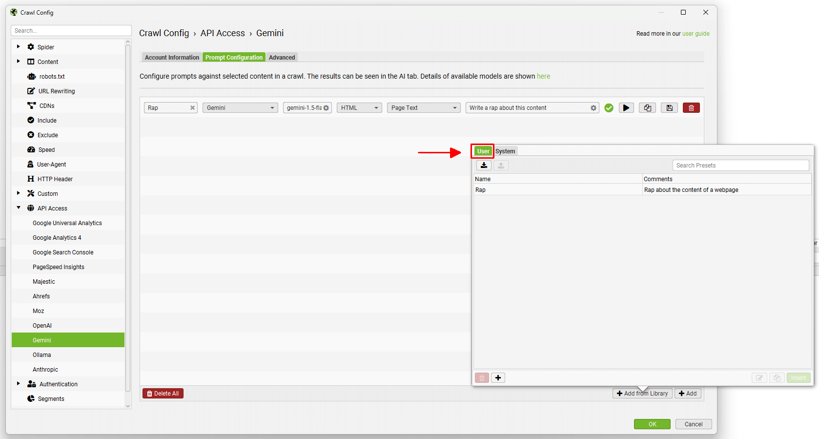 Saved Prompts in the user library