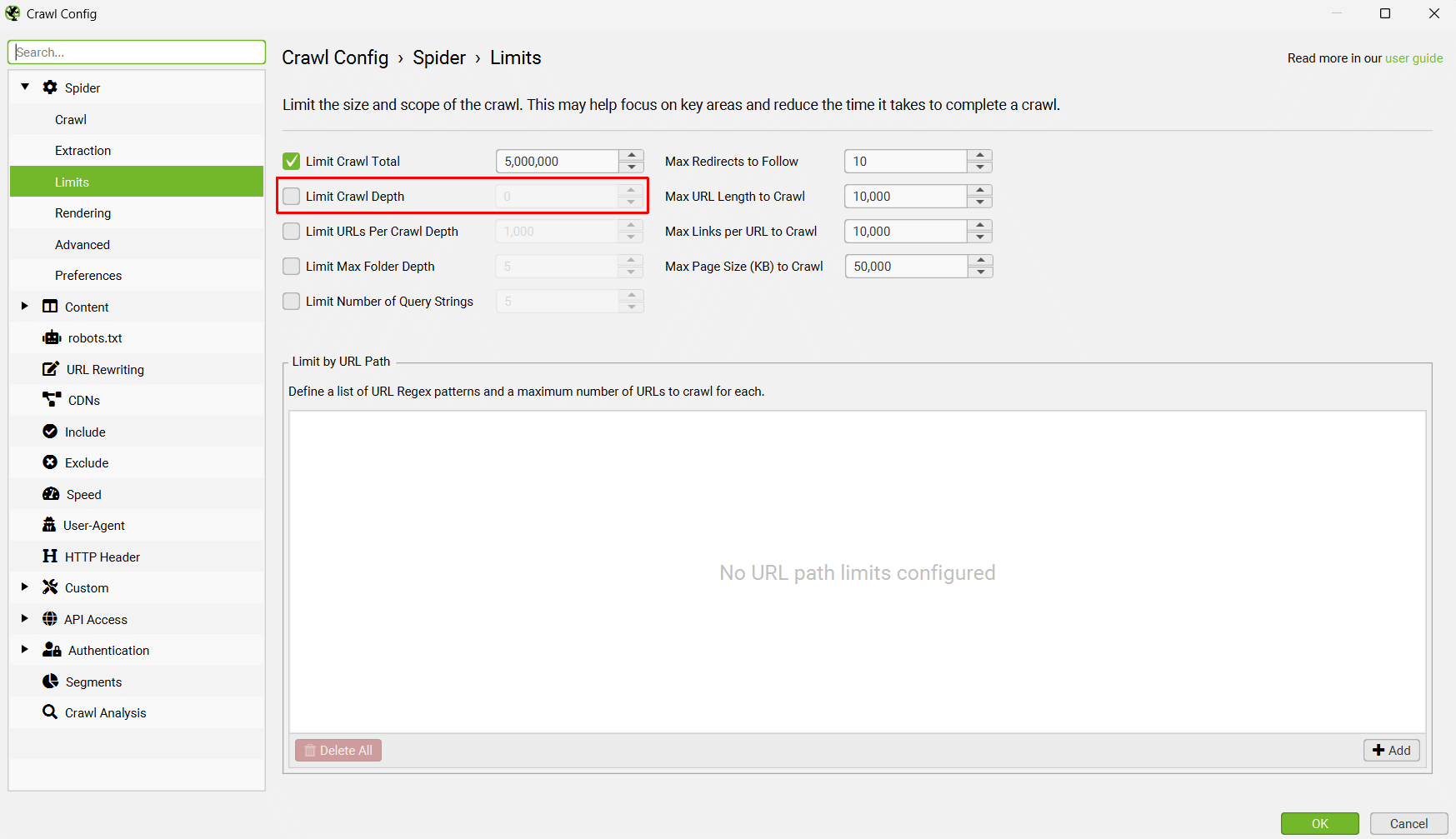 Disable Crawl Depth in list mode