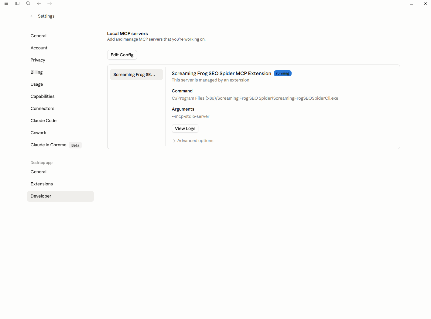 SEO Spider MCP Extension Installed