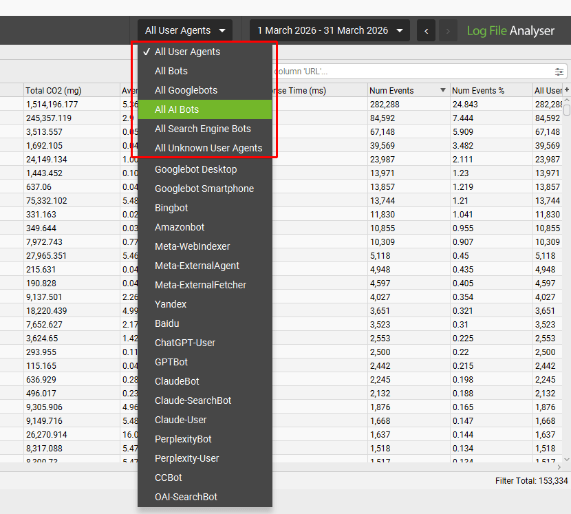 User-agent Groupings filter