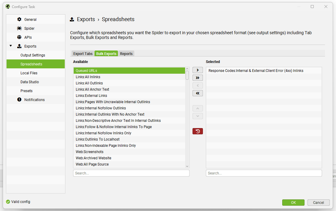 Exports > Spreadsheets
