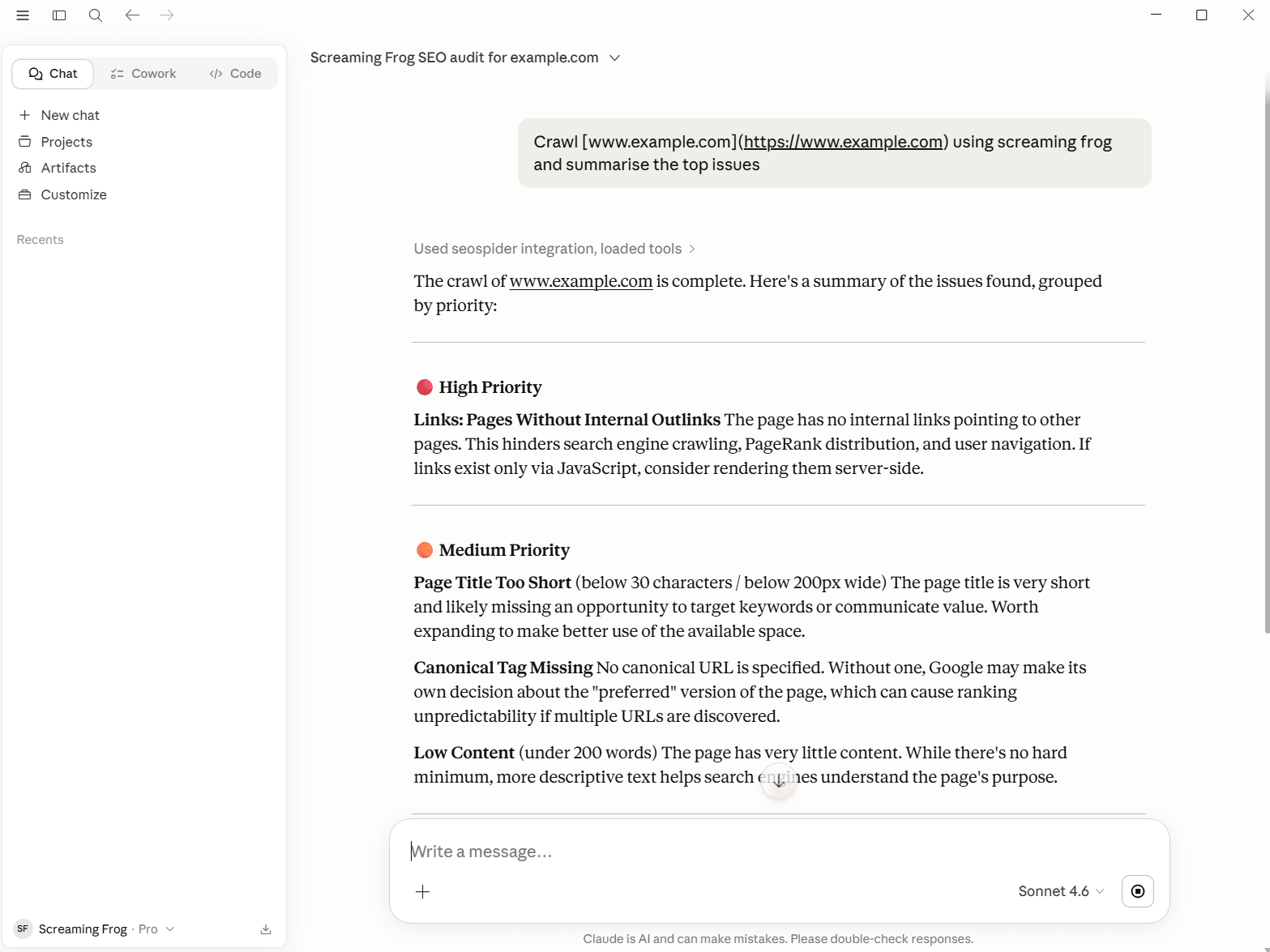MCP Basic chat for a crawl with summarised issues