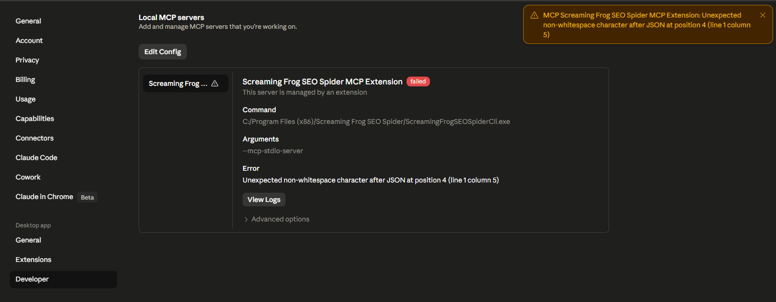 MCP Extension Error