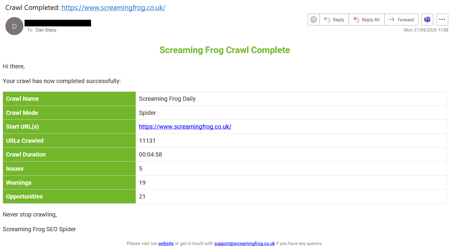 Screaming Frog Crawl Complete Notification email
