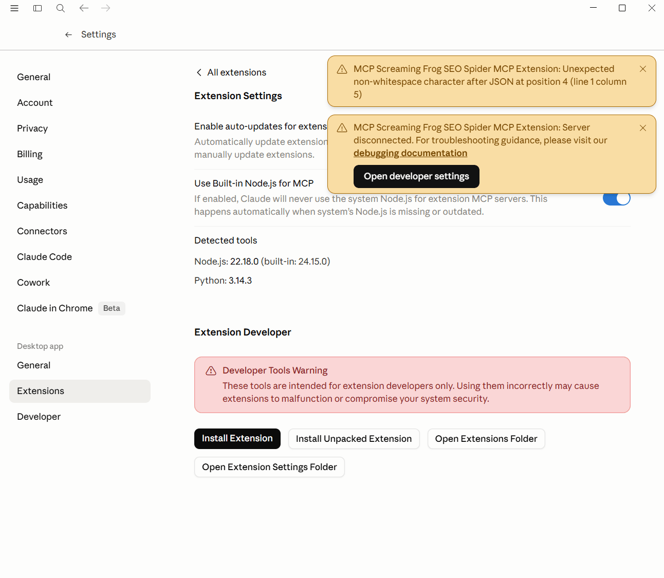 MCP Extension Error