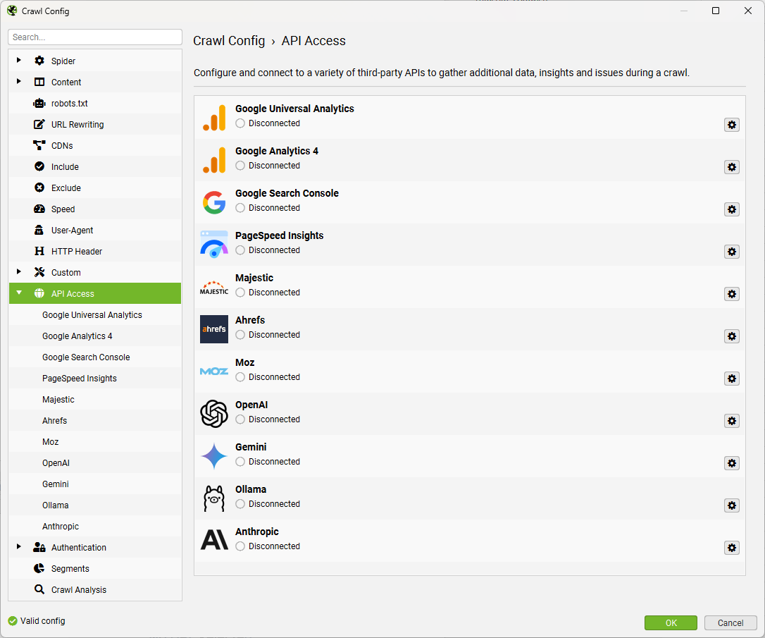 API Access Configuration Menu